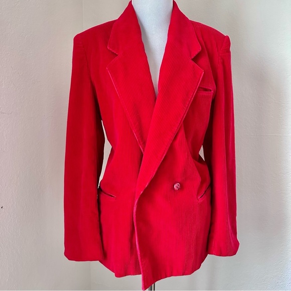 Vintage JM Collection Red Corduroy Blazer Front Pockets and Wooden Buttons L - Picture 4 of 13
